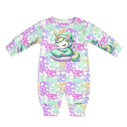 Cute Pastel Rainbow Sleepy Time Unicorn Heart Pattern and Graphic Baby Romper-My Bright Side Clothing