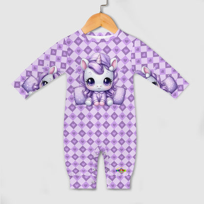 Cute Pastel Purple Sleepy Time Unicorn Heart Pattern and Graphic Baby Romper-My Bright Side Clothing