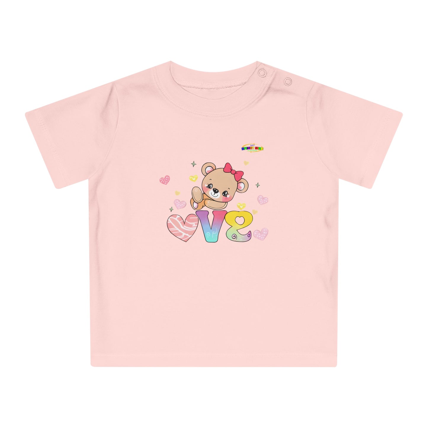 Cute Raining Love Rainbow Heart Teddy Bear Graphic Baby T-Shirt-mybrigtsideclothing.com