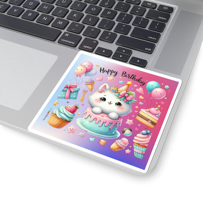 Cute little Cartoon Kitten Happy Birthday Kiss-Cut Sticker-My Bright Side Clothing