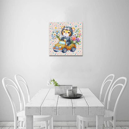 Cute colourful Flower Baby Tiger in a toy car graphic Canvas Print 16"x16"-My Bight Side Clothing