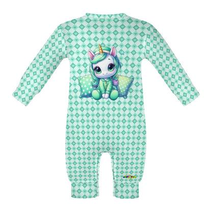 Cute Pastel Green Sleepy Time Unicorn Heart Pattern and Graphic Baby Romper-My Bright Side Clothing