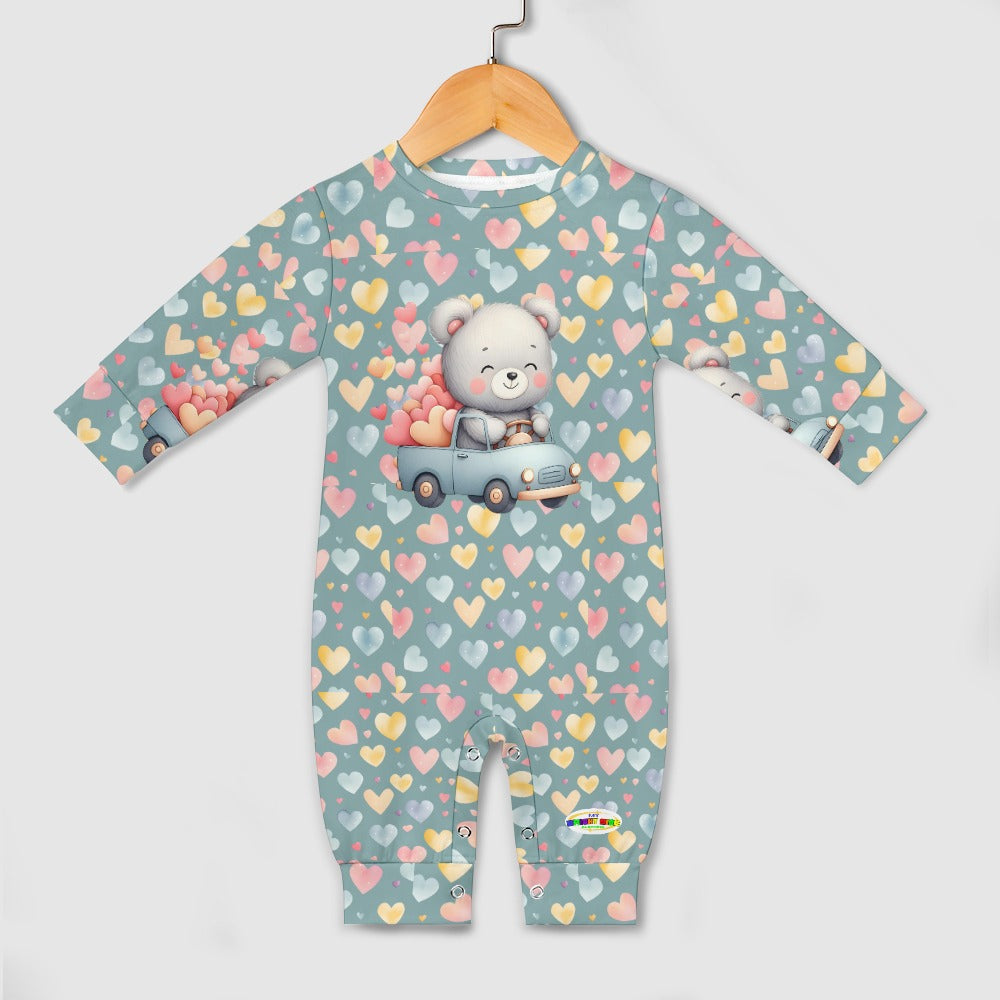 Cute Heart Pattern and Bear Driving a car Graphic  Baby Romper-My Bright Side Clothing