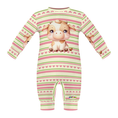 Cute Baby Cow and Pastel Heart Stripe Pattern Baby Romper-My Bright Side Clothing