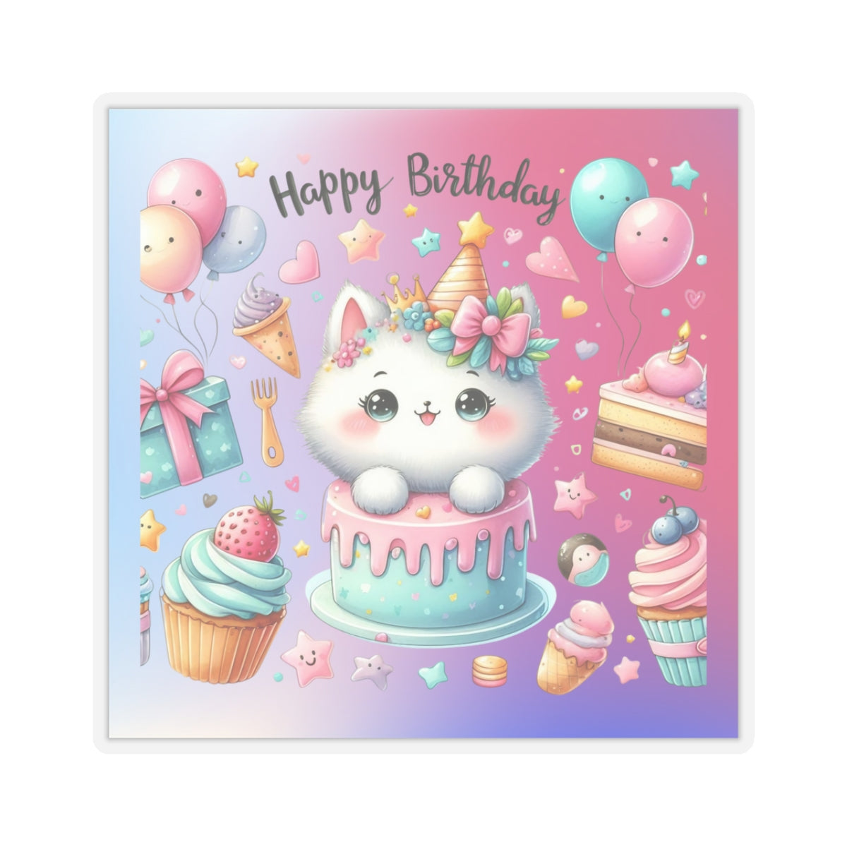 Cute little Cartoon Kitten Happy Birthday Kiss-Cut Sticker-My Bright Side Clothing