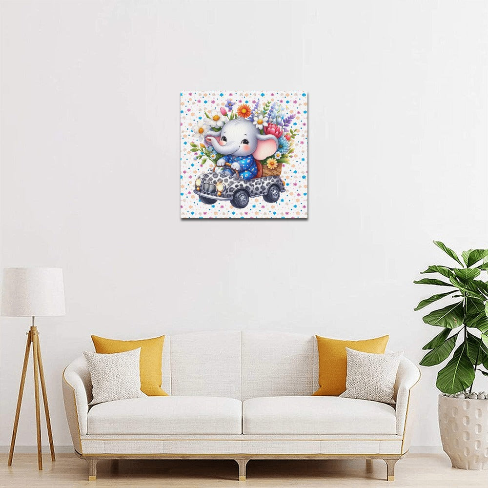 Cute colourful Flower Baby Elephant in a toy car graphic Canvas Print 16"x16"-My Bight Side Clothing