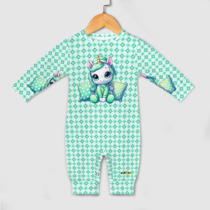 Cute Pastel Green Sleepy Time Unicorn Heart Pattern and Graphic Baby Romper-My Bright Side Clothing