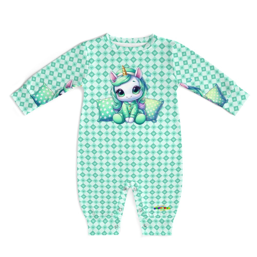 Cute Pastel Green Sleepy Time Unicorn Heart Pattern and Graphic Baby Romper-My Bright Side Clothing