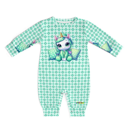 Cute Pastel Green Sleepy Time Unicorn Heart Pattern and Graphic Baby Romper-My Bright Side Clothing