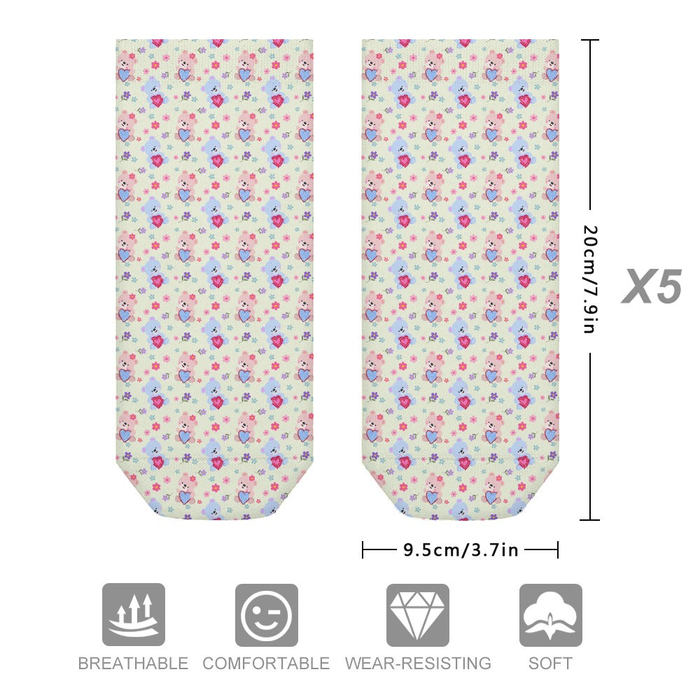 Cute Pastel Heart Teddy Bears Pattern Children's Comfortable Socks -5 Pairs -MyBrightSideClothing