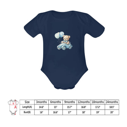 Organic Short Sleeve Baby Bodysuit Teddy Bear Driving Car With Balloons