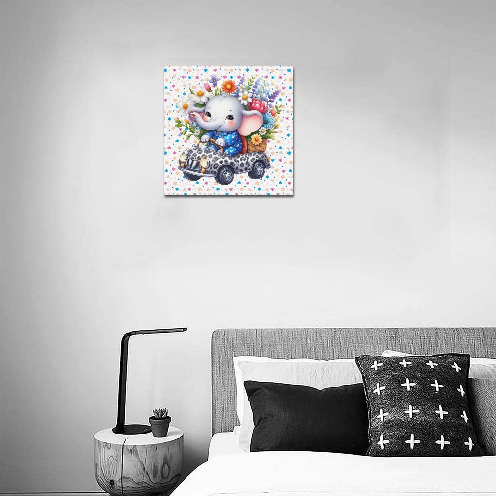 Cute colourful Flower Baby Elephant in a toy car graphic Canvas Print 16"x16"-My Bight Side Clothing