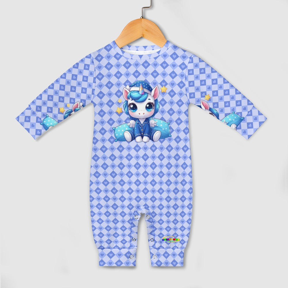 Cute Pastel Blue Sleepy Time Unicorn Heart Pattern and Graphic Baby Romper-My Bright Side Clothing