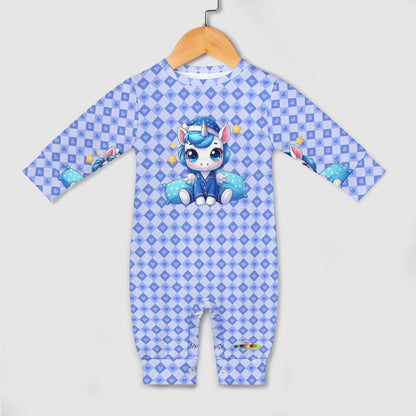 Cute Pastel Blue Sleepy Time Unicorn Heart Pattern and Graphic Baby Romper-My Bright Side Clothing