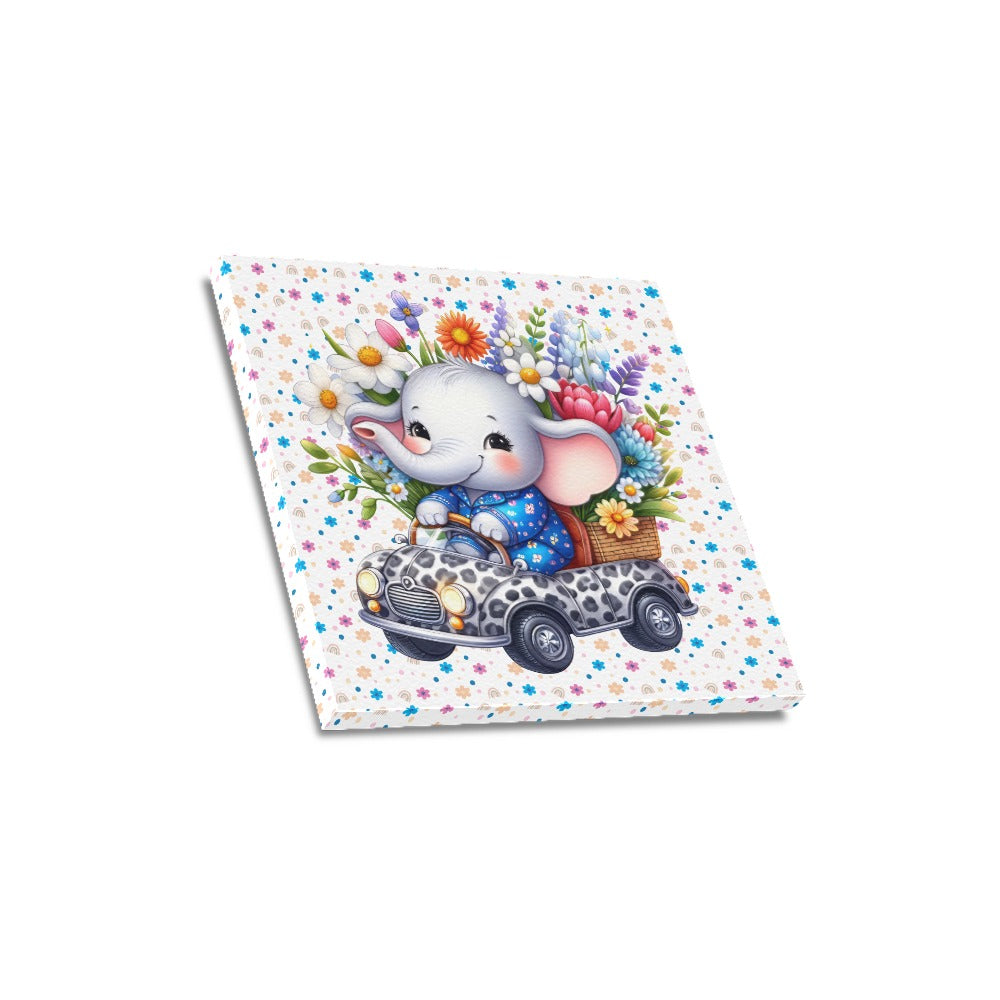 Cute colourful Flower Baby Elephant in a toy car graphic Canvas Print 16"x16"-My Bight Side Clothing