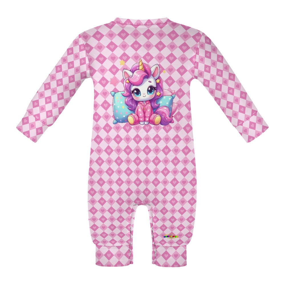 Cute Pastel Pink Sleepy Time Unicorn Heart Pattern and Graphic Baby Romper-My Bright Side Clothing