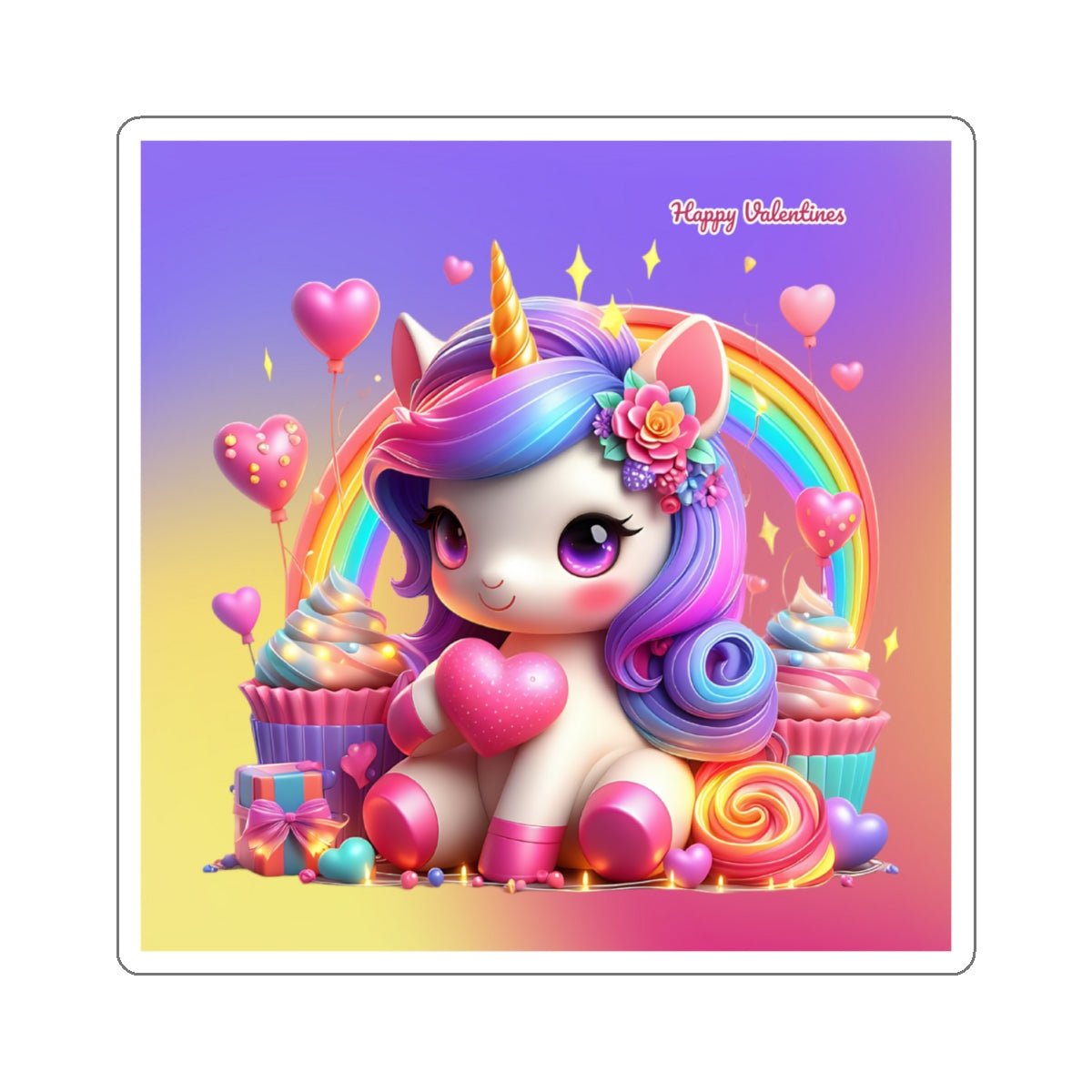 Cute Happy Valentines Rainbow Unicorn Kiss-Cut Sticker-My Bight Side Clothing