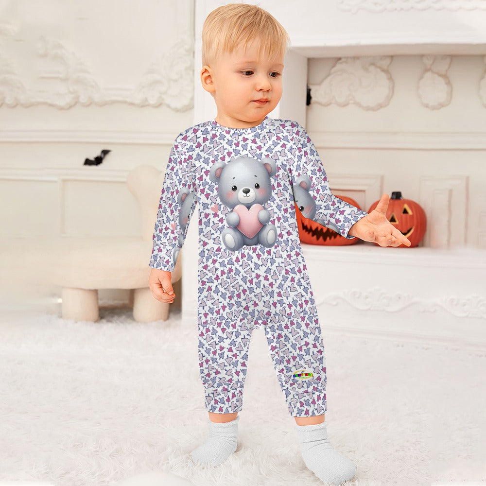 Cute Heart Pattern and Bear Graphic Holding a Heart Baby Romper-My Bright Side Clothing