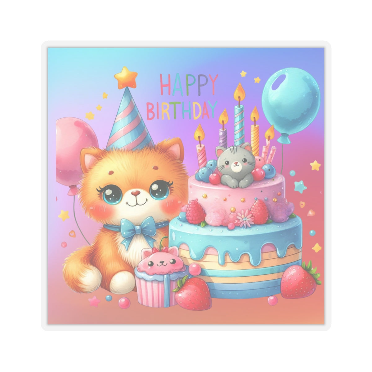 Cute little Cartoon Kitten Happy Birthday Kiss-Cut Sticker-My Bright Side Clothing