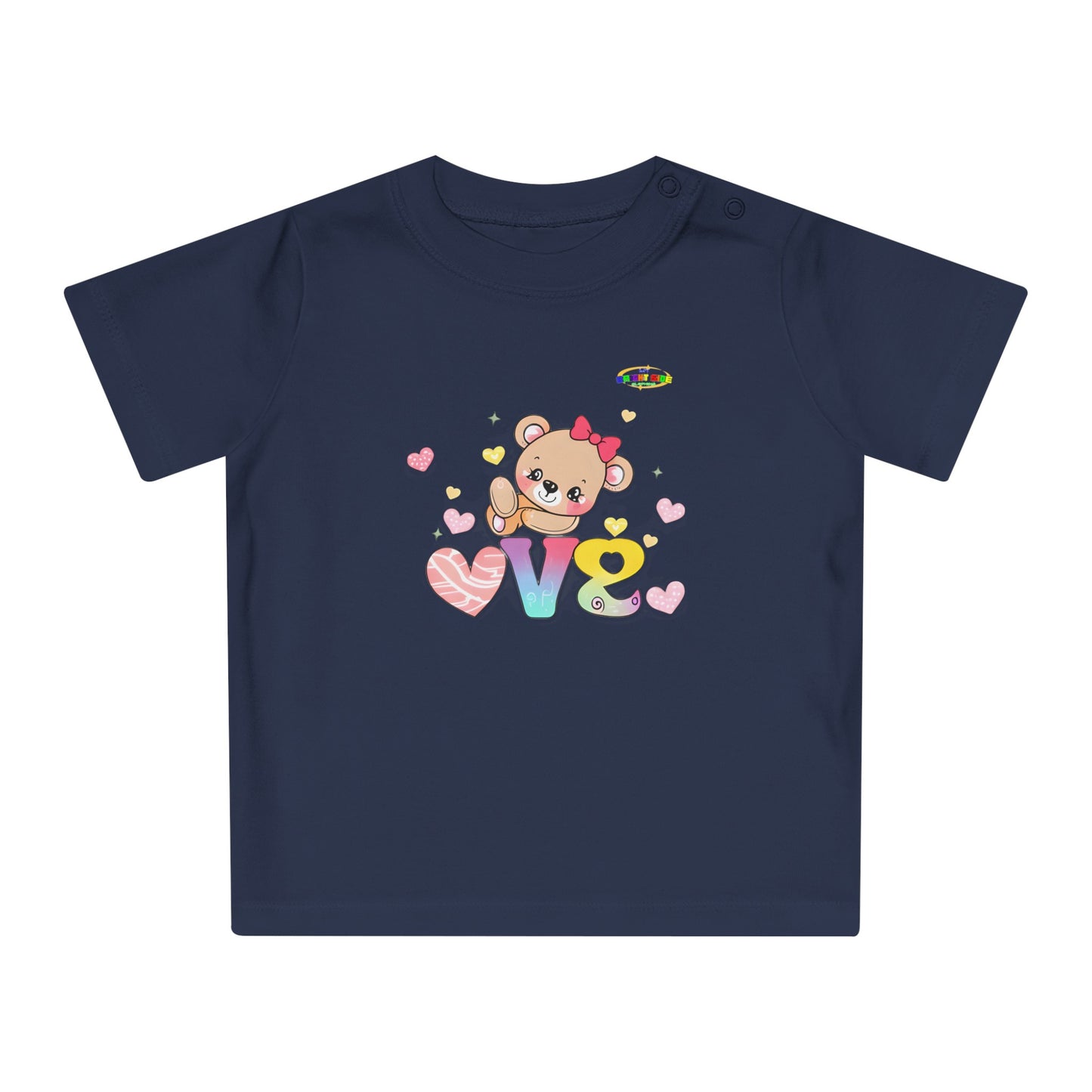 Cute Raining Love Rainbow Heart Teddy Bear Graphic Baby T-Shirt-mybrigtsideclothing.com