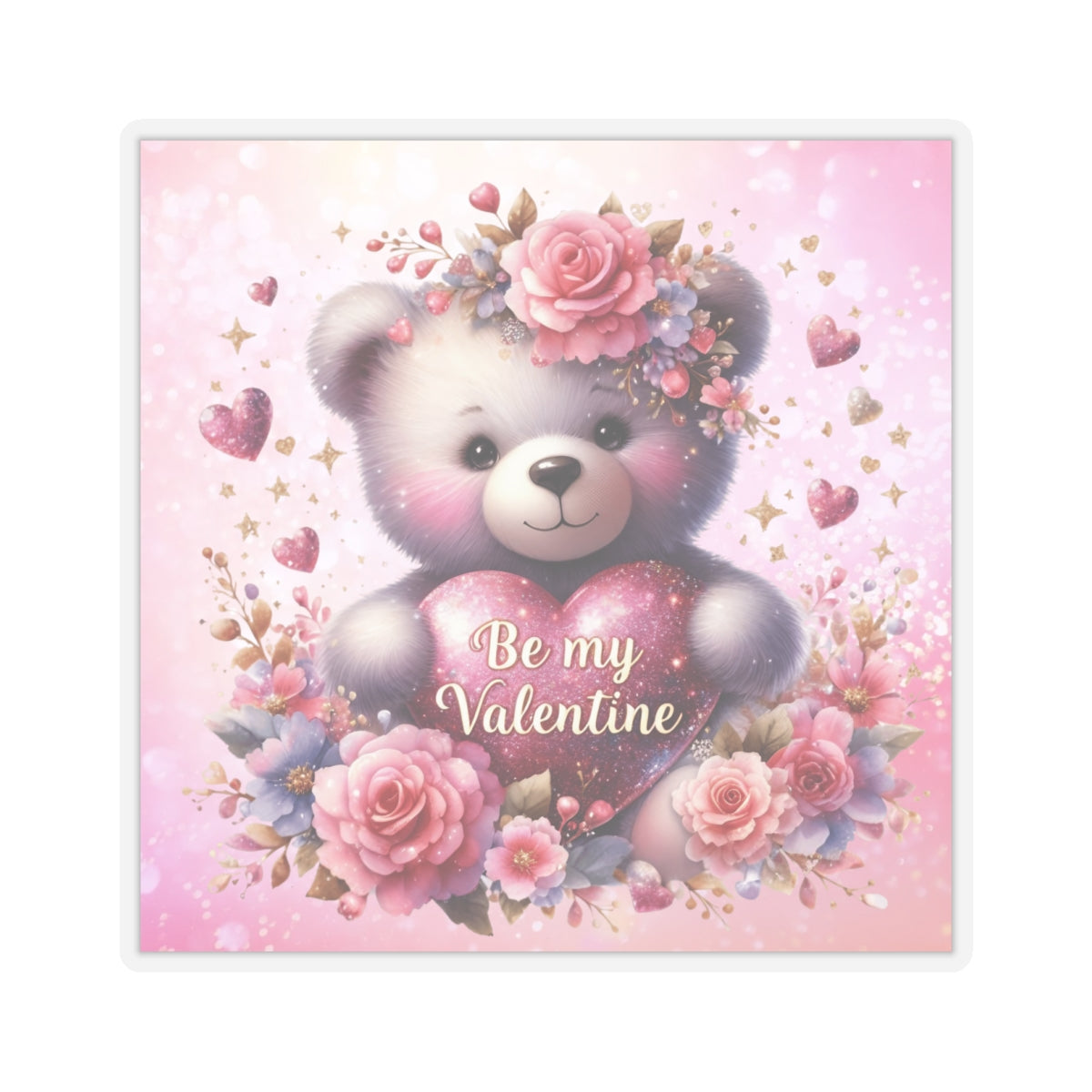 Cute Pink Teddy Bear Valentines Kiss-Cut Sticker-My Bright Side Clothing