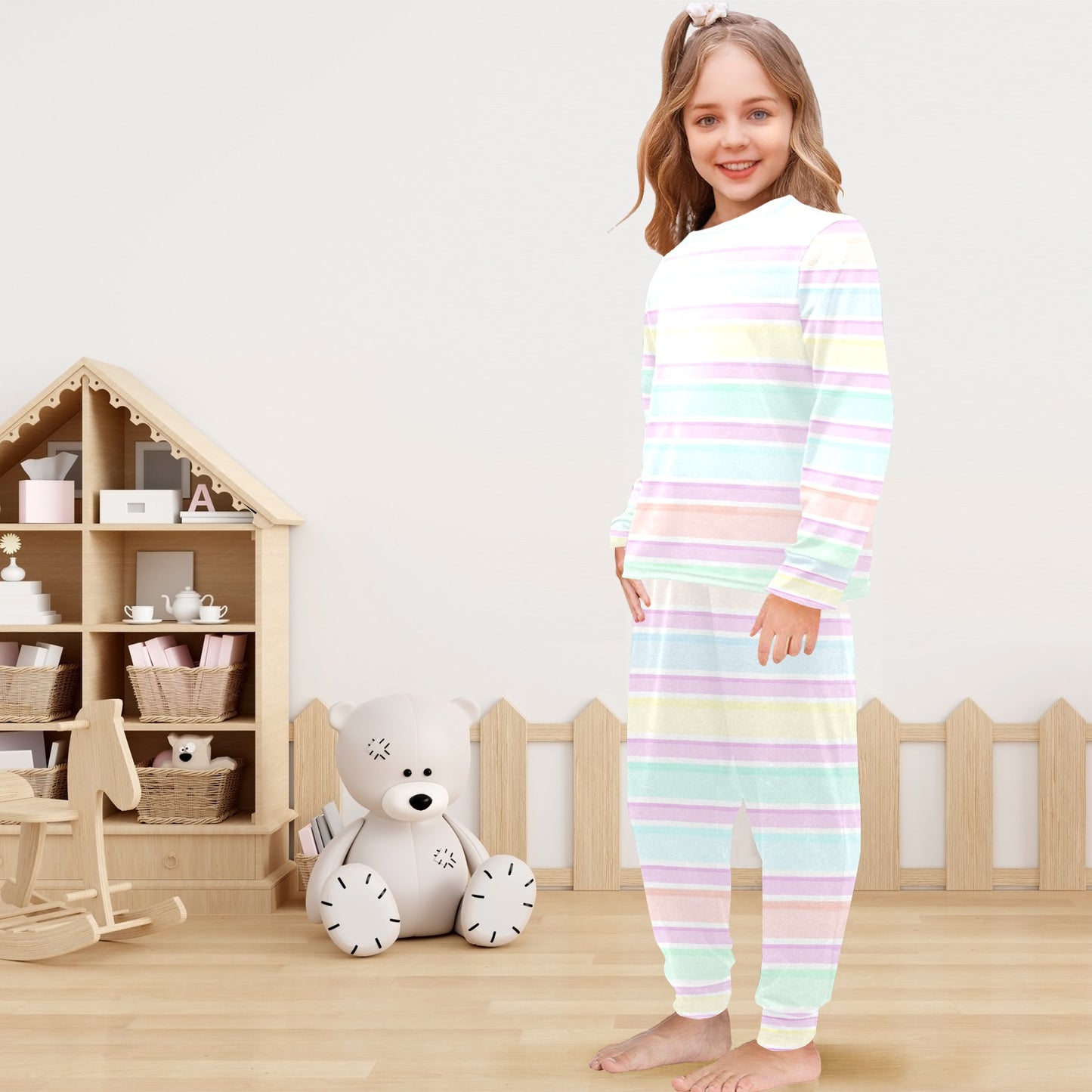 Toddler Girls Crew Neck Long Pajama Set Rainbow Stripes