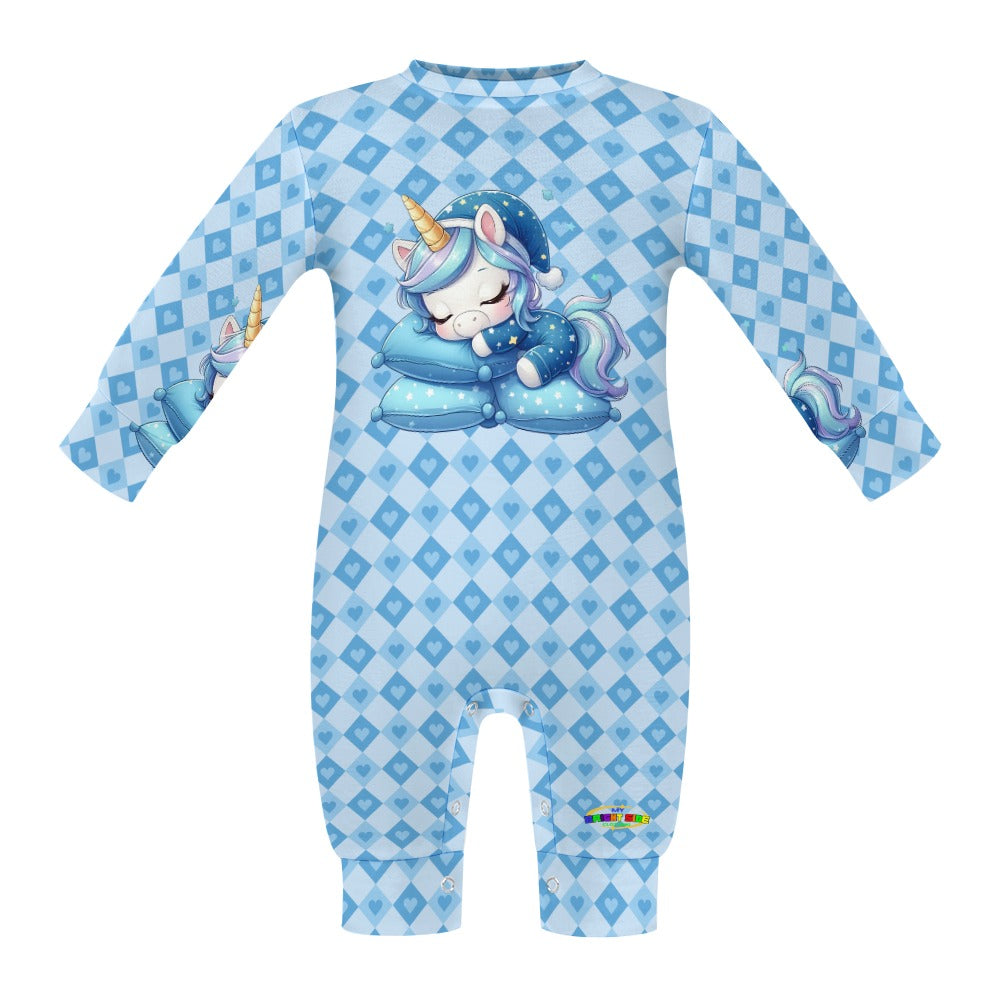 Cute Pastel Blue Sleepy Time Unicorn Heart Pattern and Graphic Baby Romper-My Bright Side Clothing