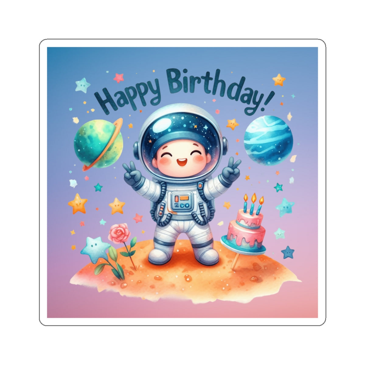 Cute Astronaut Happy Birthday Kiss-Cut Sticker-My Bright Side Clothing