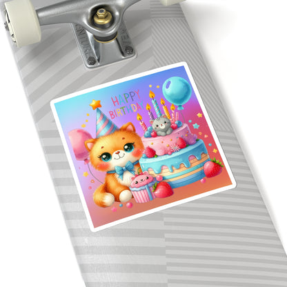 Cute little Cartoon Kitten Happy Birthday Kiss-Cut Sticker-My Bright Side Clothing