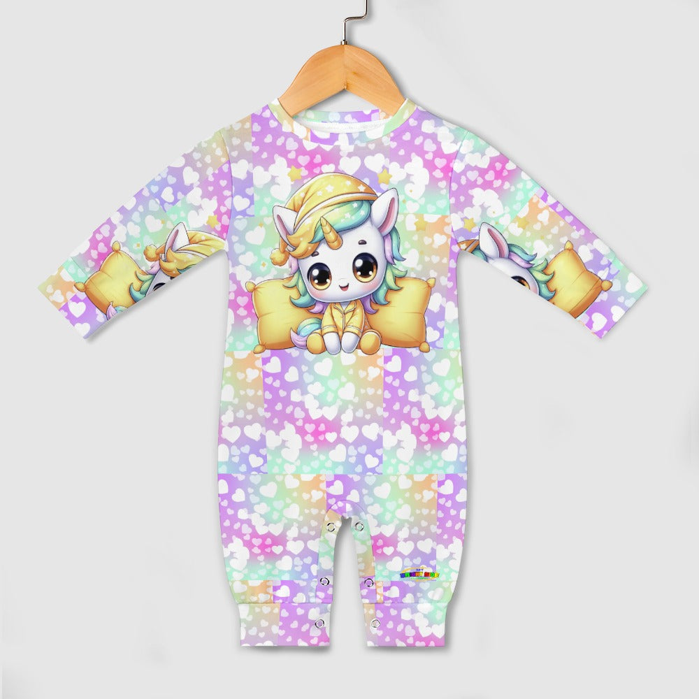 Cute Pastel Rainbow Sleepy Time Unicorn Heart Pattern and Graphic Baby Romper-My Bright Side Clothing