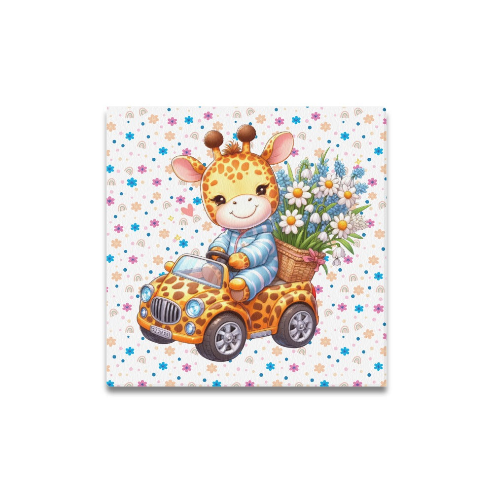 Cute colourful Flower Baby Giraffe in a toy car graphic Canvas Print 16"x16"-My Bight Side Clothing