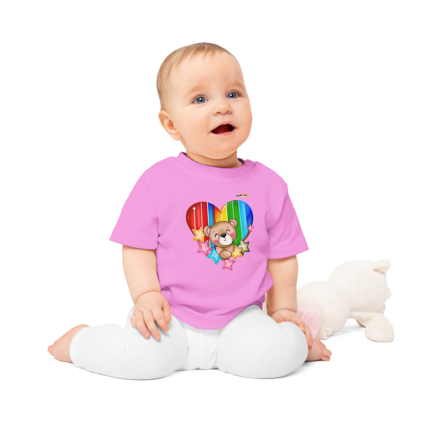 Cute Bright Love Rainbow Heart Teddy Bear Graphic Baby T-Shirt-mybrigtsideclothing.com