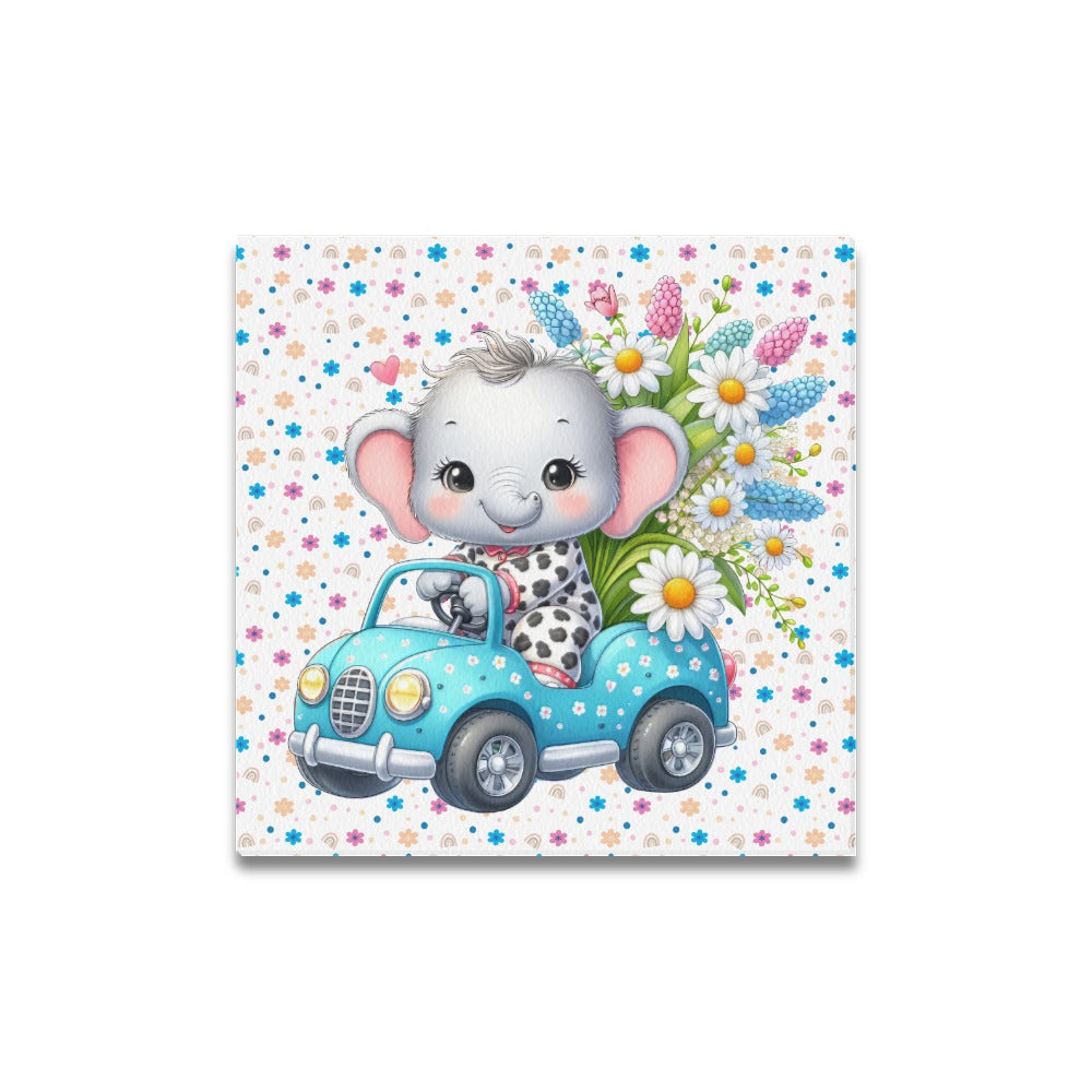 Cute colourful Flower Baby Elephant in a toy car graphic Canvas Print 16"x16"-My Bight Side Clothing