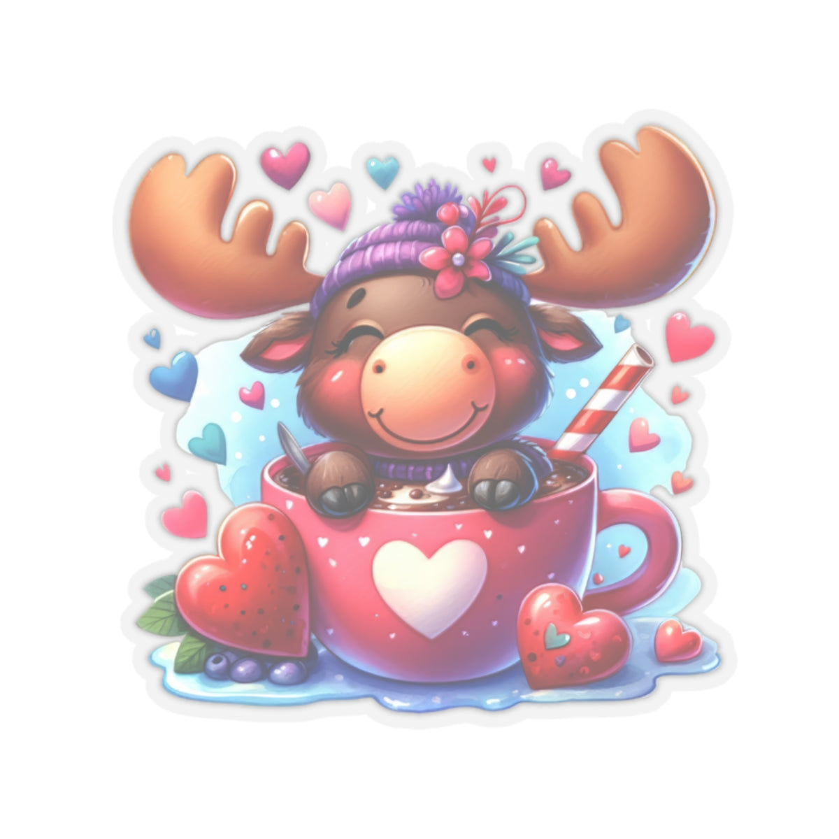 Cute and Sweet Cup of Love Baby Moose Valentines -Kiss-Cut Sticker-My Bright Side Clothing