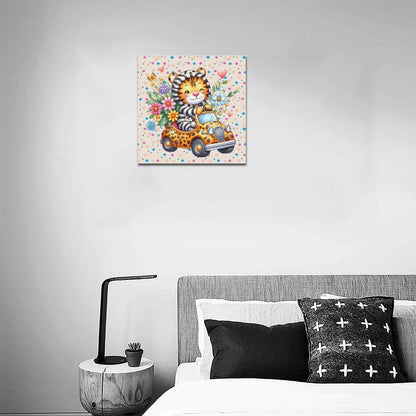 Cute colourful Flower Baby Tiger in a toy car graphic Canvas Print 16"x16"-My Bight Side Clothing