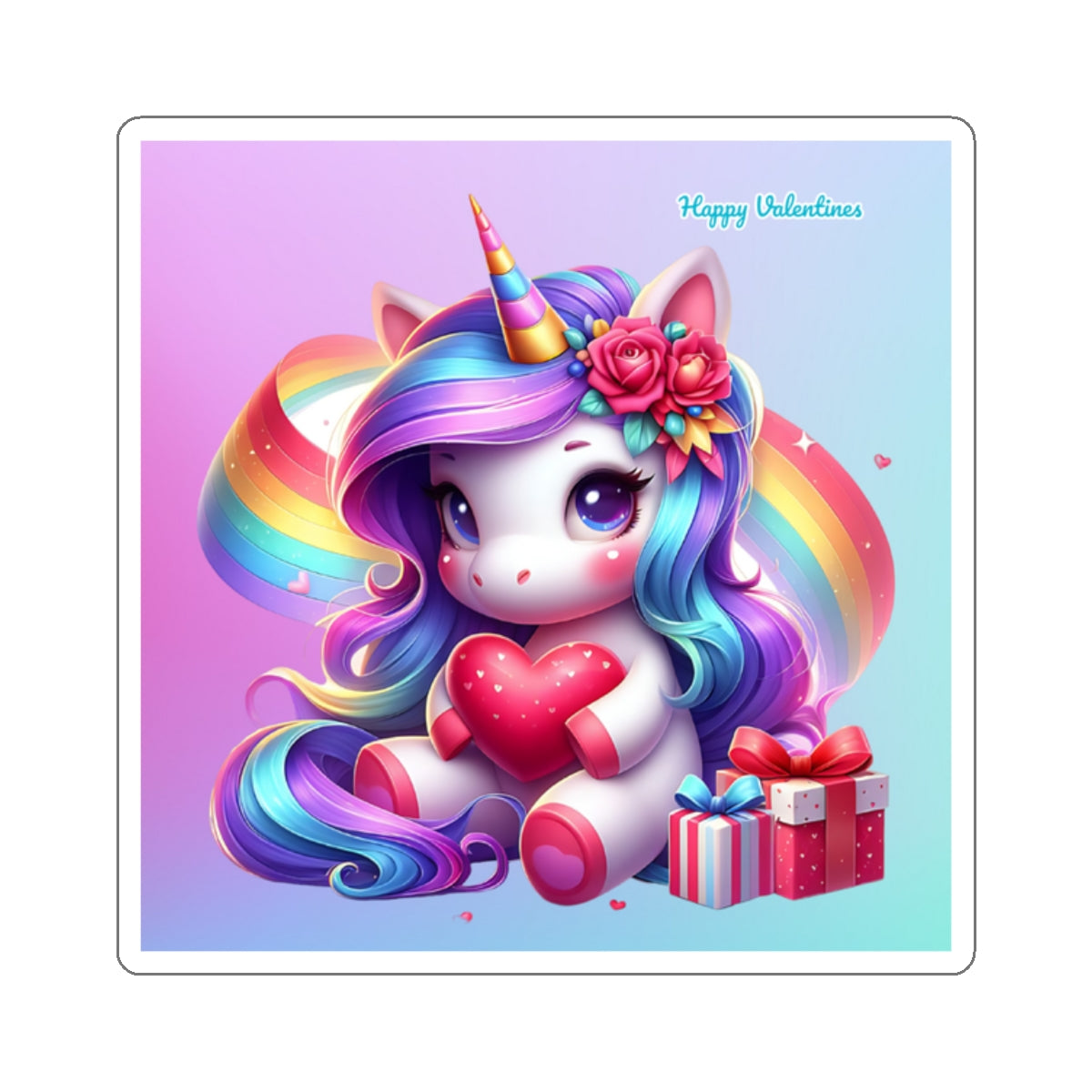 Cute Happy Valentines Rainbow Unicorn Kiss-Cut Sticker-My Bight Side Clothing