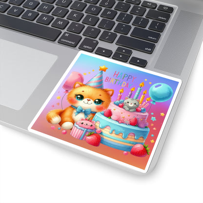 Cute little Cartoon Kitten Happy Birthday Kiss-Cut Sticker-My Bright Side Clothing