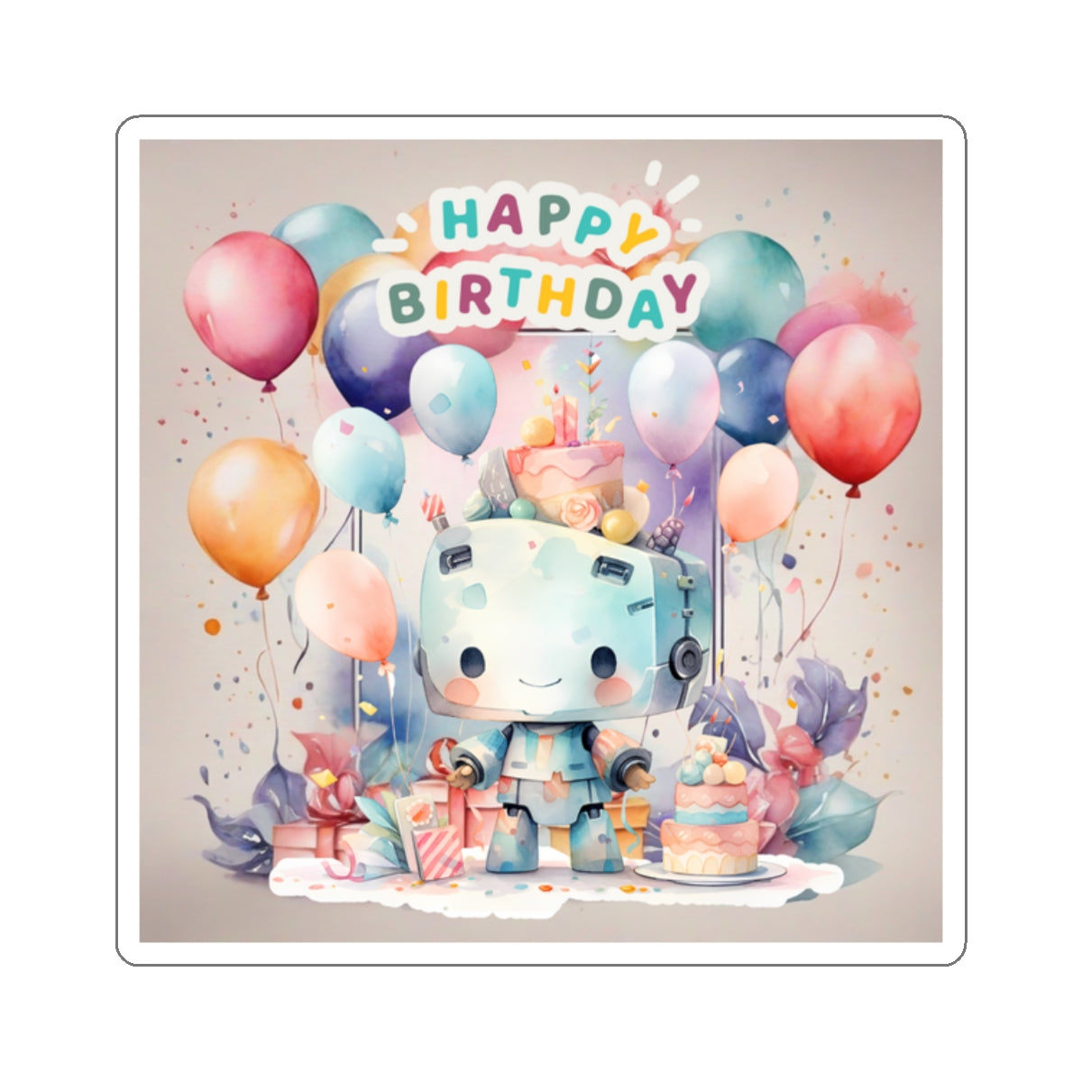 Cute little Robot Happy Birthday Kiss-Cut Sticker-My Bright Side Clothing