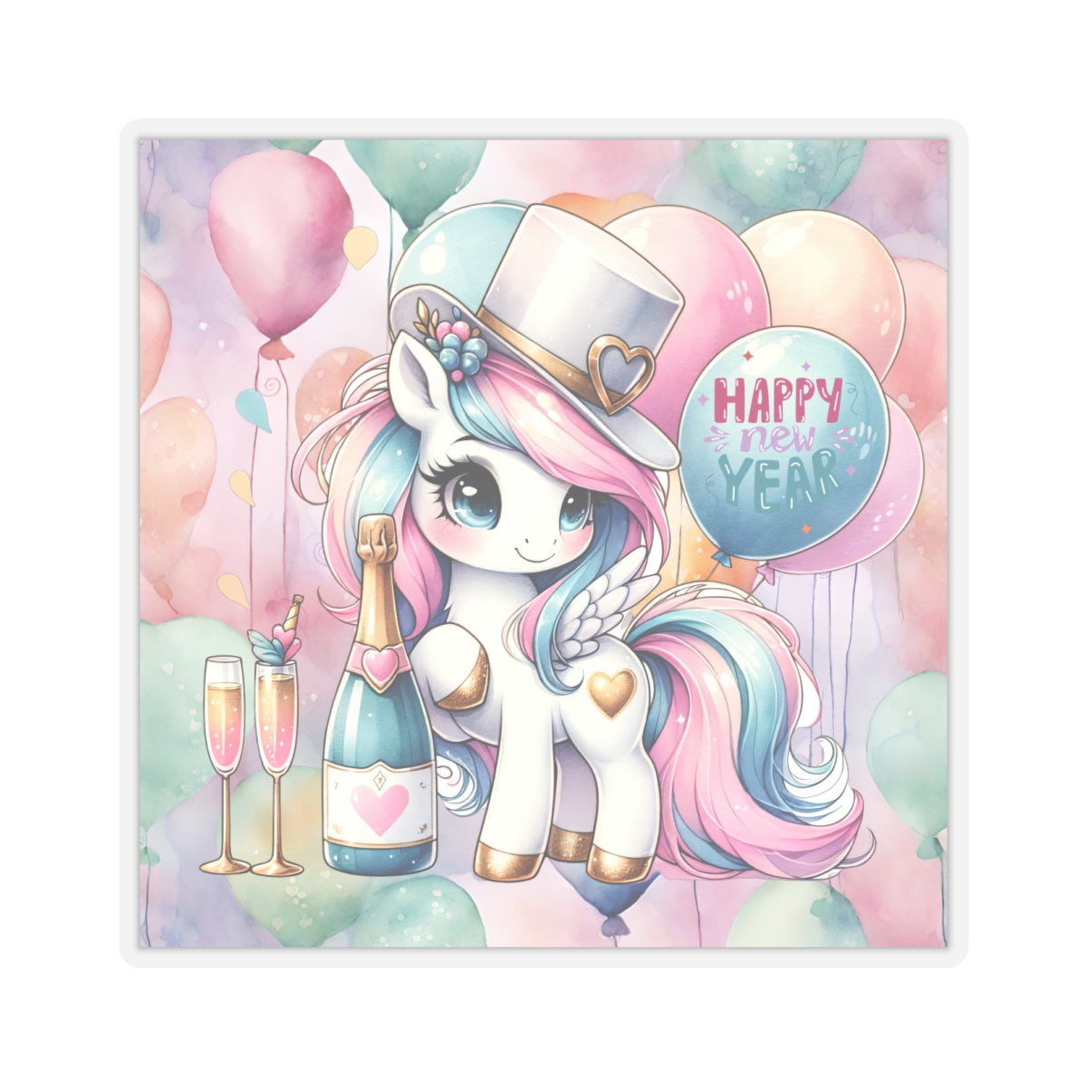 Happy New Year Pastel Unicorn Kiss-Cut Sticker-My Bright Side Clothing