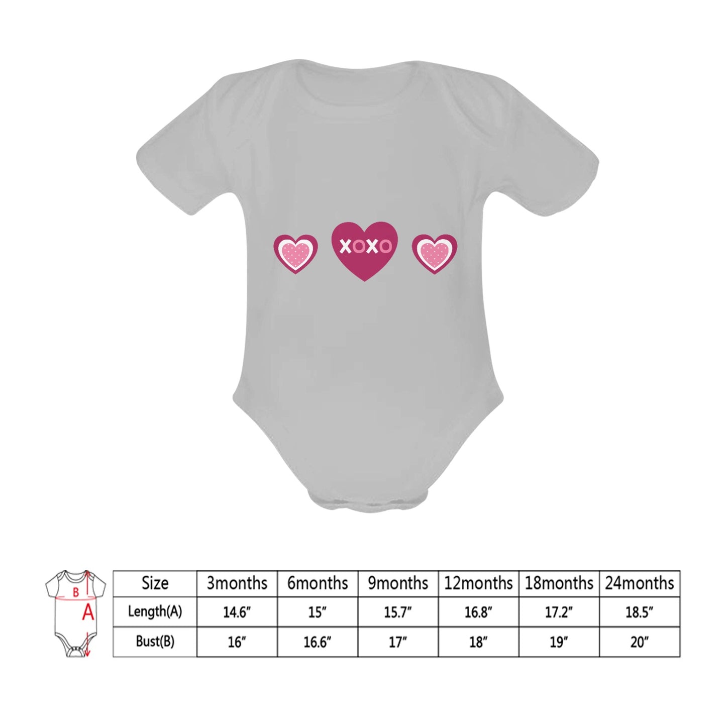 Organic Short Sleeve Baby Bodysuit Hugs & Kisses, Hearts Pink