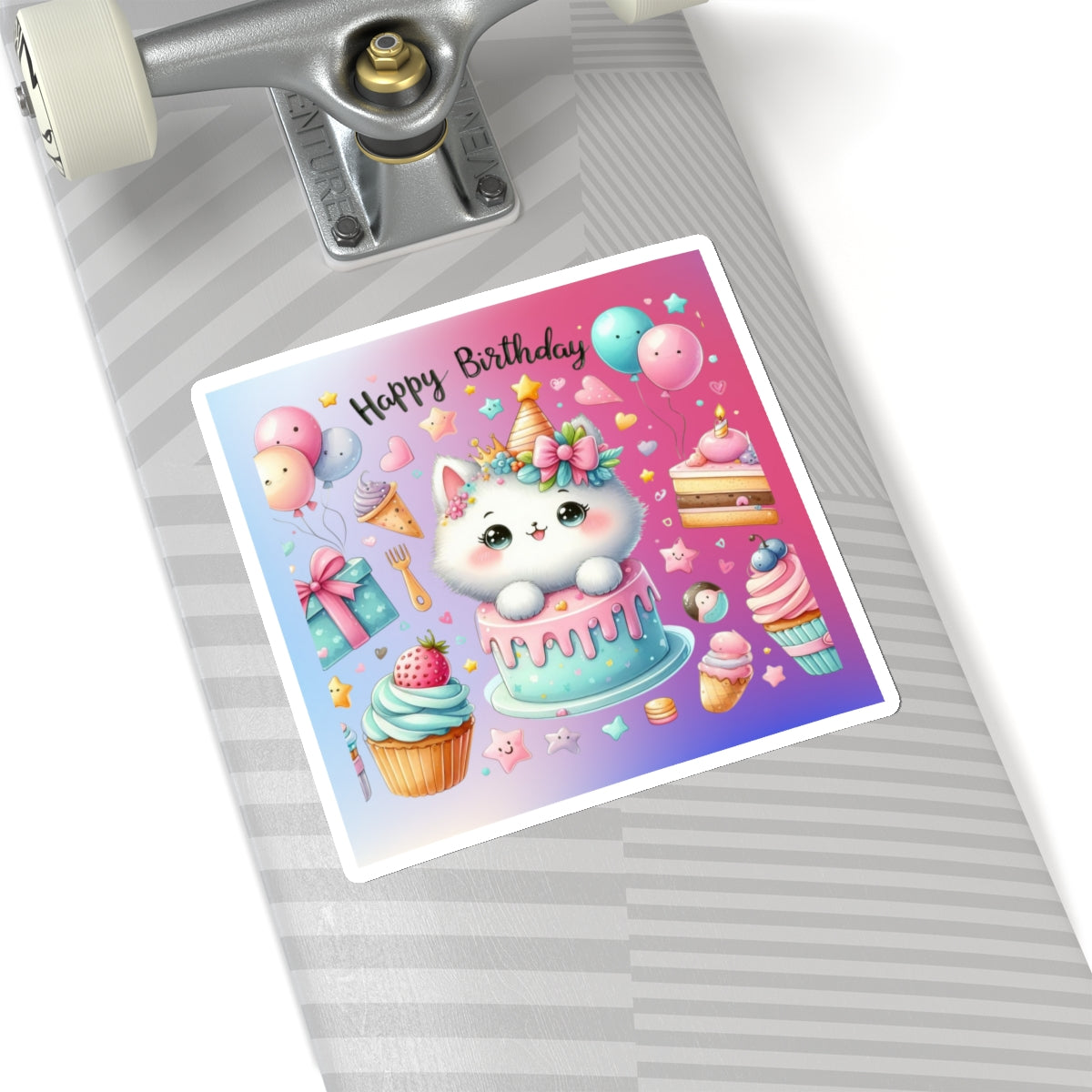 Cute little Cartoon Kitten Happy Birthday Kiss-Cut Sticker-My Bright Side Clothing