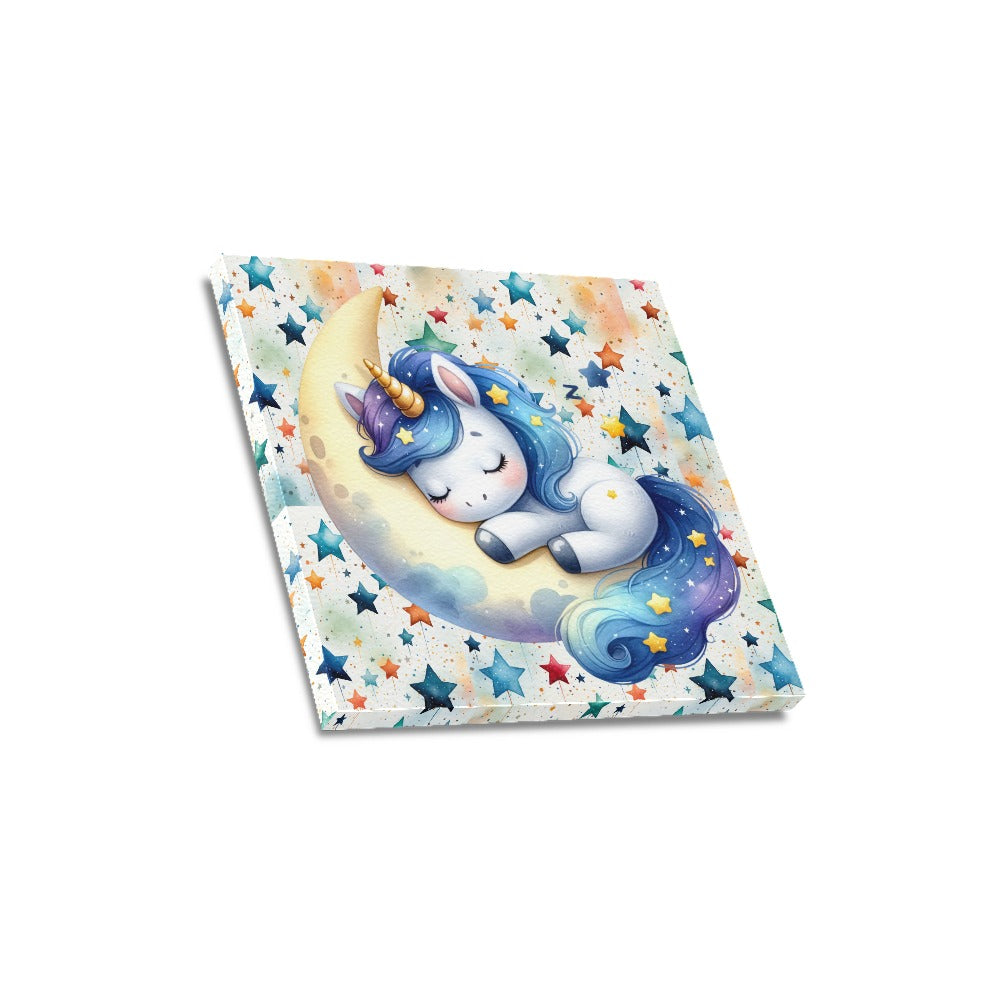 Cute colourful Moon and Star Sleeping Baby Unicorn graphic Canvas Print 16"x16"-My Bight Side Clothing