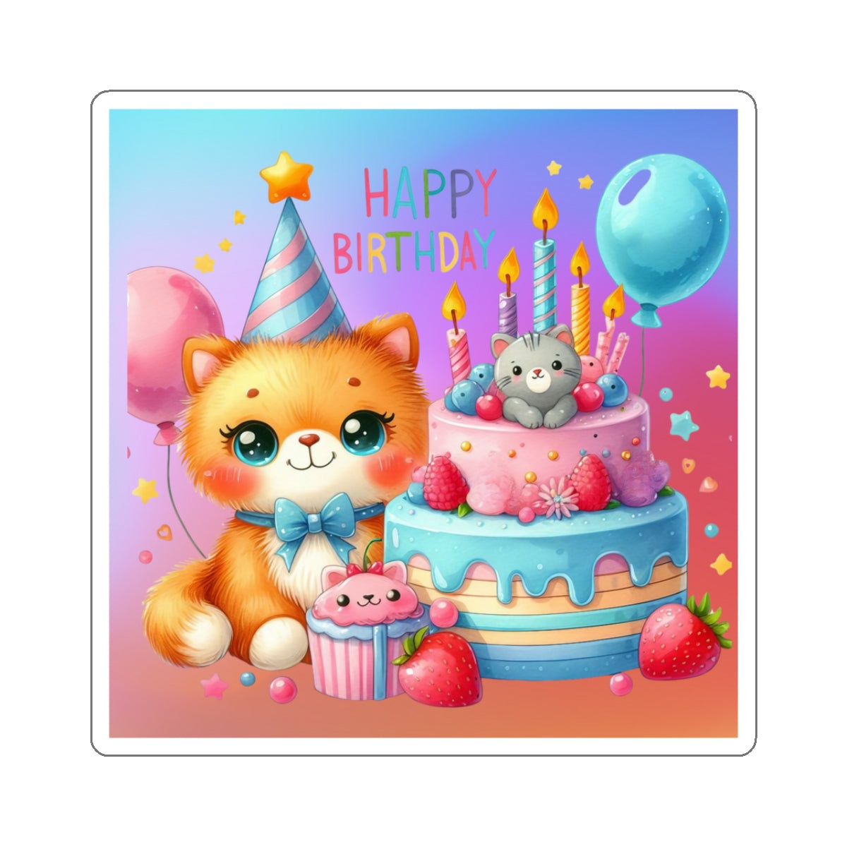 Cute little Cartoon Kitten Happy Birthday Kiss-Cut Sticker-My Bright Side Clothing