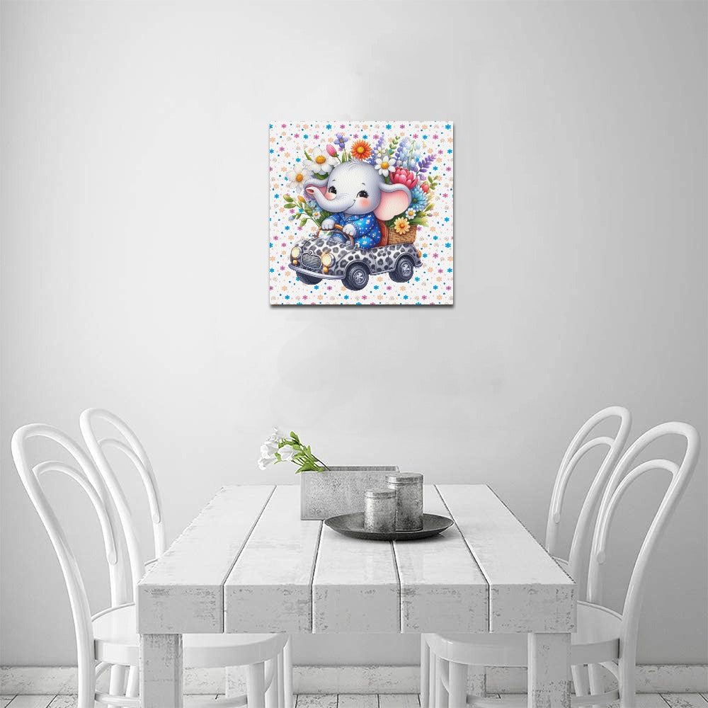 Cute colourful Flower Baby Elephant in a toy car graphic Canvas Print 16"x16"-My Bight Side Clothing