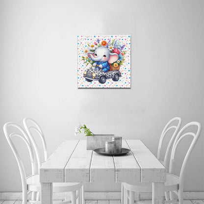 Cute colourful Flower Baby Elephant in a toy car graphic Canvas Print 16"x16"-My Bight Side Clothing