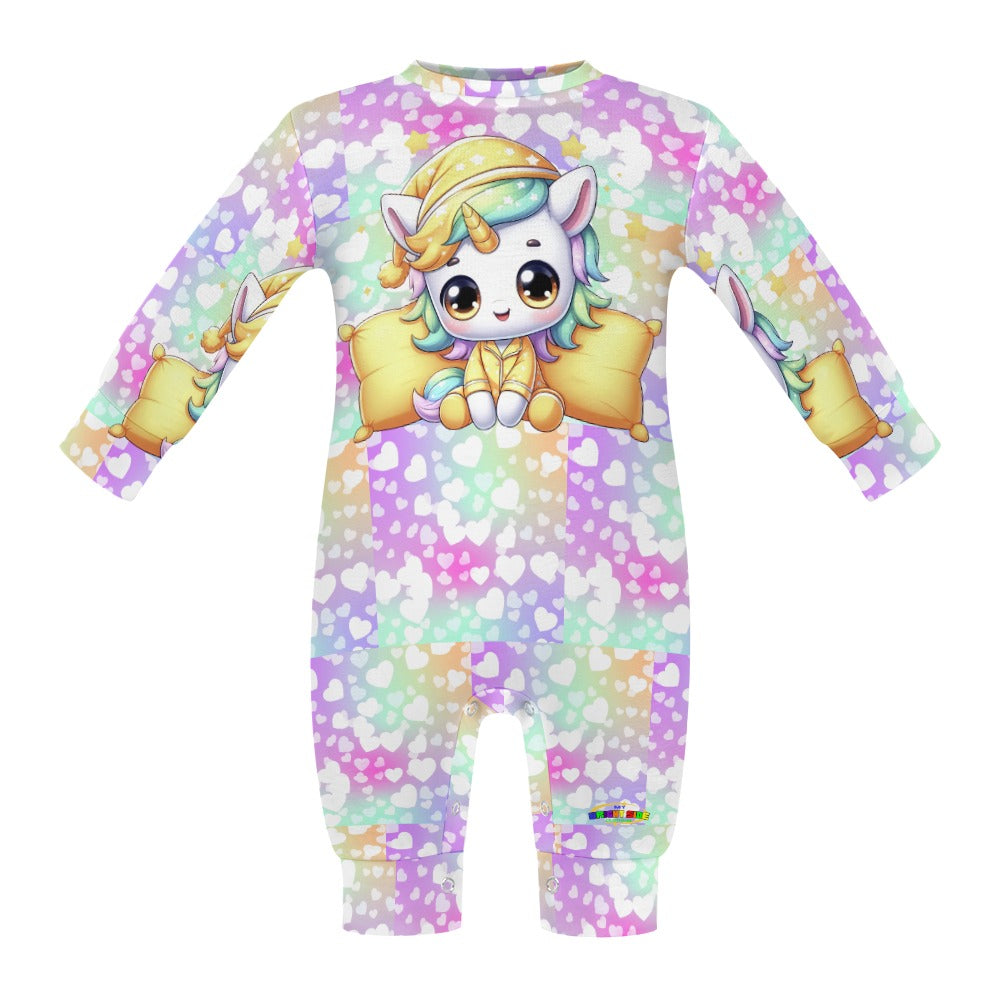 Cute Pastel Rainbow Sleepy Time Unicorn Heart Pattern and Graphic Baby Romper-My Bright Side Clothing