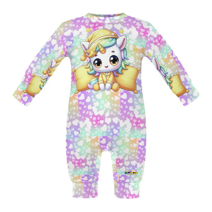 Cute Pastel Rainbow Sleepy Time Unicorn Heart Pattern and Graphic Baby Romper-My Bright Side Clothing