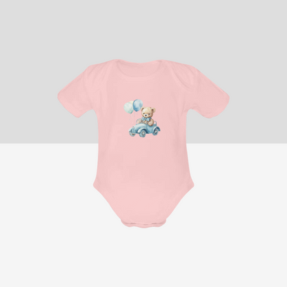 Organic Short Sleeve Baby Bodysuit Teddy Bear Driving Car With Balloons