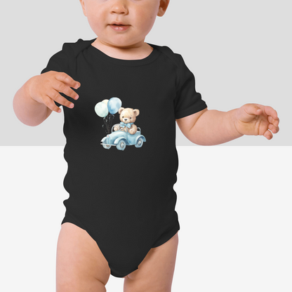 Organic Short Sleeve Baby Bodysuit Teddy Bear Driving Car With Balloons