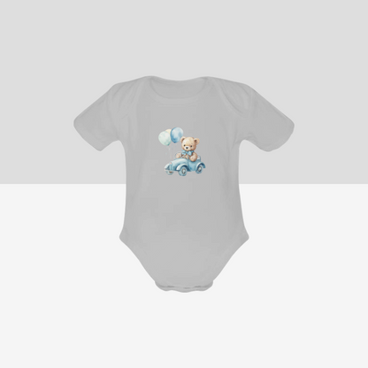 Organic Short Sleeve Baby Bodysuit Teddy Bear Driving Car With Balloons